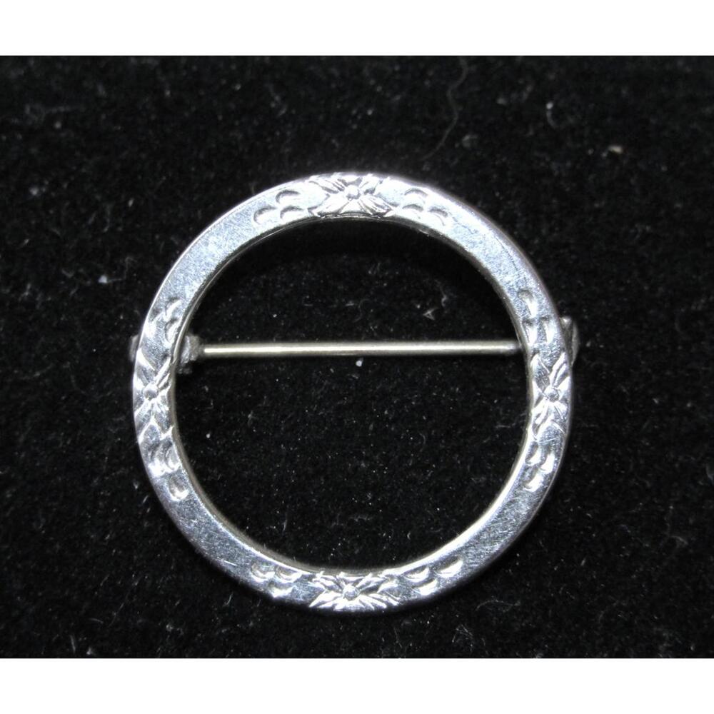 Vintage Sterling Silver Circular Brooch Pin with Etched Flowers - Makers Mark